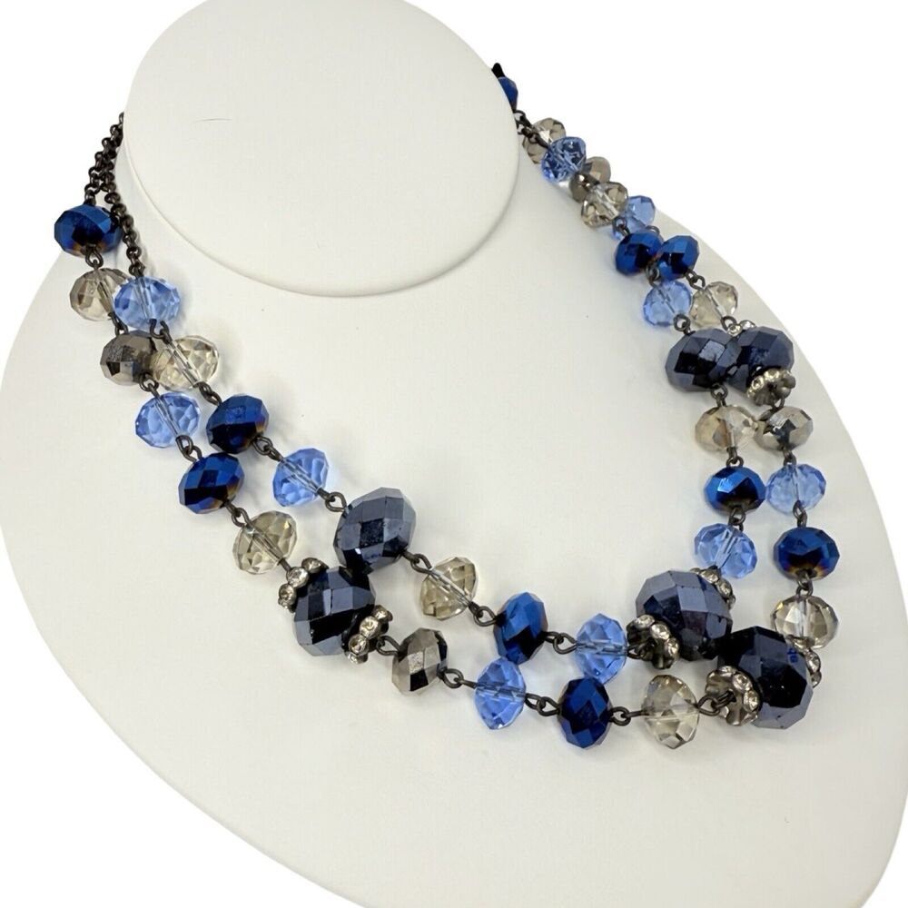 Vintage Crown Trifari Blue Crystal Layered Necklace 18" Beaded 2 Tier Gunmetal - Picture 5 of 8